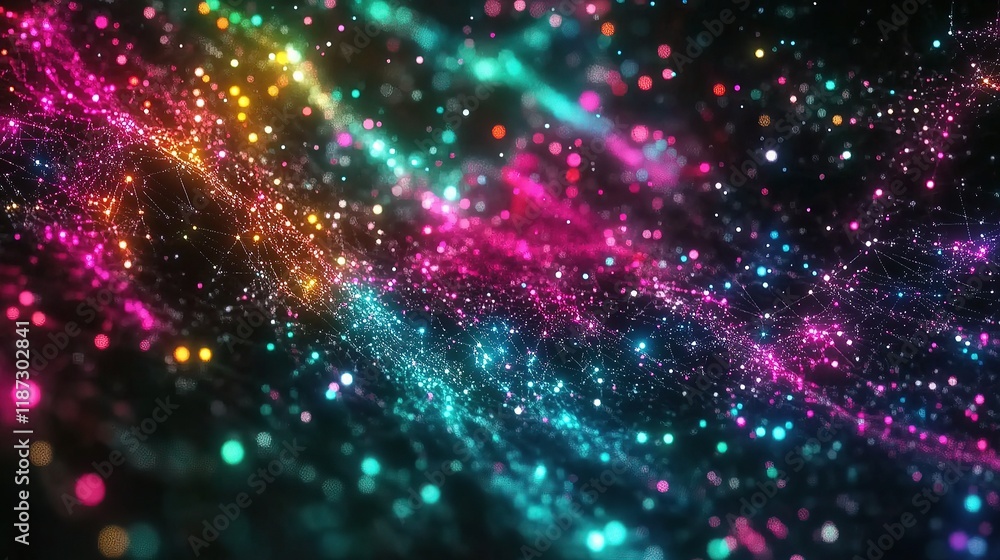 Poster vibrant digital particles in cyberspace with floating lights and lines