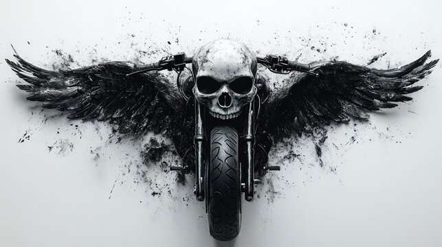 Skull-headed motorcycle, black wings, grunge art.