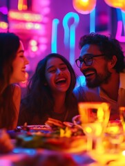 Neon-Lit 90s Dinner Party with Diverse Guests Sharing Laughter