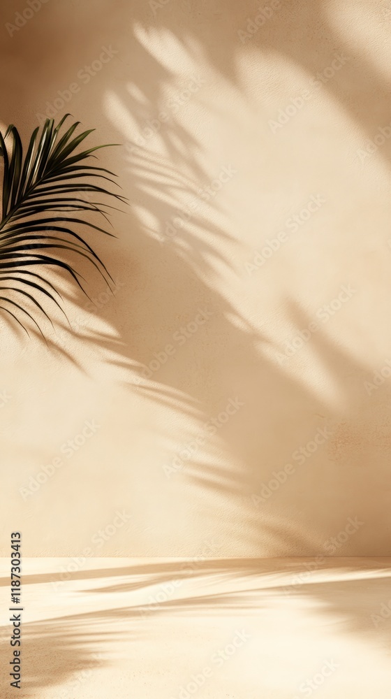 Poster Sunlight filtering through a palm leaf casts elegant shadows on a beige wall and floor, creating a stylish mockup for minimalist design projects