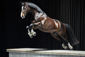 Fototapeta premium A skilled horse leaps gracefully over a barrier at a show, showcasing its agility and training. This performance highlights the bond between horse and rider, captivating the audience with precision