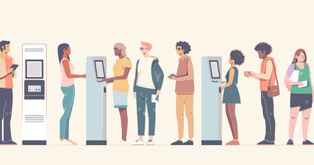 Obraz premium A diverse group of people are using self-service kiosks, showcasing modern technology and public accessibility.