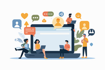 Illustration of people interacting with digital devices, surrounded by icons representing online communication and collaboration.