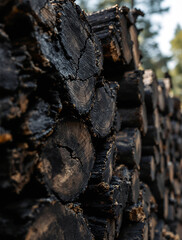 Fototapeta premium Professional macro shot of blackwood logs stacked together, highlighting the intricate bark texture and natural wood patterns
