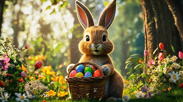 bunny with Easter eggs in a basket