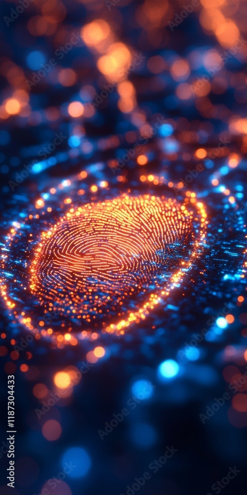 Poster Glowing Fingerprint on Biometric Security Pad with Futuristic Geometric Lights
