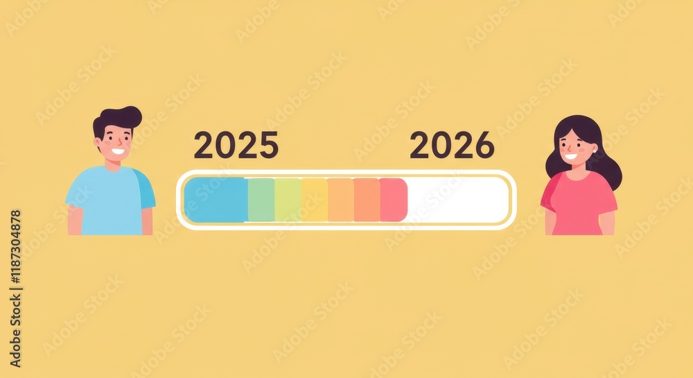 Poster transitioning from 2025 to 2026 with progress bar and smiling characters highlighting change