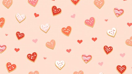 Heart-shaped cookies decorated with icing in red, pink, and white create a playful, sweet pattern ideal for Valentine&rsquo;s Day cards, gifts, and packaging.