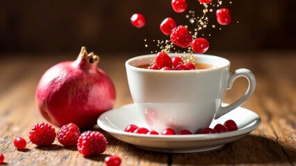 Fototapeta premium Fragrant tea with pomegranate and raspberry seeds in a white cup on a wooden table