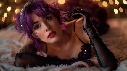 Fototapeta premium Mujer con estilo gótico y cabello morado posando en ambiente elegante