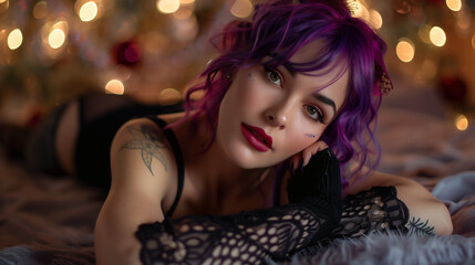 Fototapeta premium Mujer con estilo gótico y cabello morado posando en ambiente elegante
