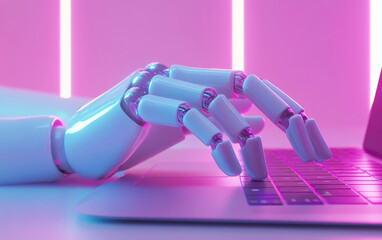 Close-up of a white robot hand typing on a MacBook keyboard
