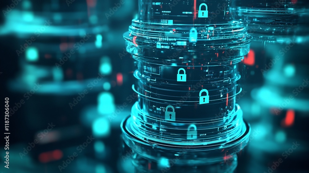 Poster Highdetail depiction of data protection featuring abstract layer symbolic locks representing secure systems