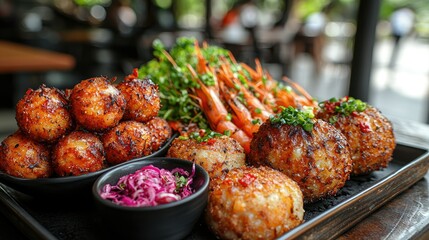 Grilled Rice Balls Shrimp And Red Onion Garnish Platter