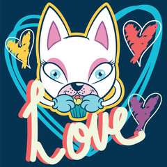 Cute cat with big eyes eating a muffin around flowers, clouds and a big rainbow, celebrating the joy of happiness, texts and hearts with doodle effects in trendy colors.