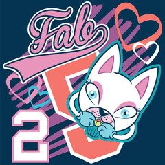 Fototapeta premium Cute cat with big eyes eating a muffin around flowers, clouds and a big rainbow, celebrating the joy of happiness, texts and hearts with doodle effects in trendy colors.