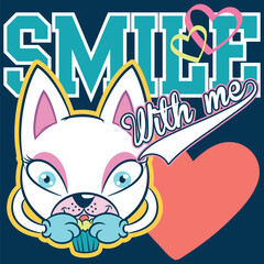 Cute cat with big eyes eating a muffin around flowers, clouds and a big rainbow, celebrating the joy of happiness, texts and hearts with doodle effects in trendy colors.