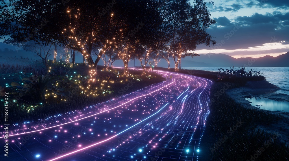 Aufkleber goals visualized radiant checkpoints along glowing pathway in a futuristic outdoor setting