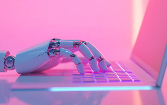 Close-up of an AI robot hand typing on a keyboard, symbolizing artificial intelligence in action