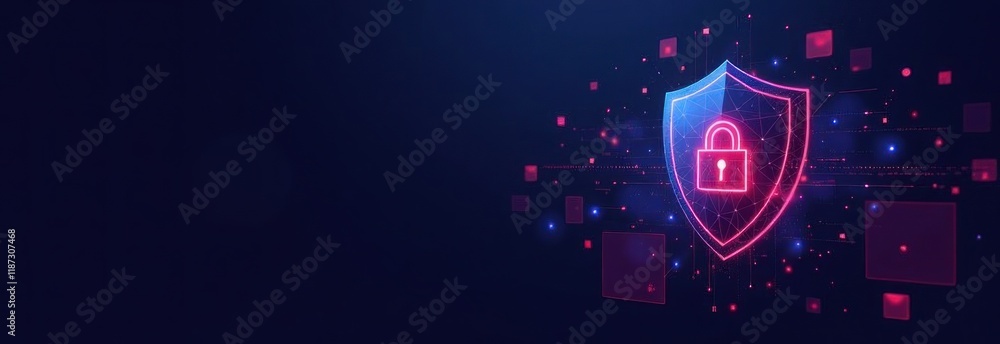 Poster glowing padlock and shield protecting data flow in cyberspace