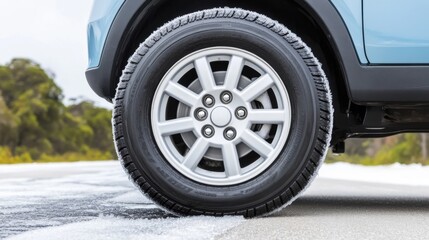 Drive safely with winter tires. Close-up of a car tire on a snowy road.