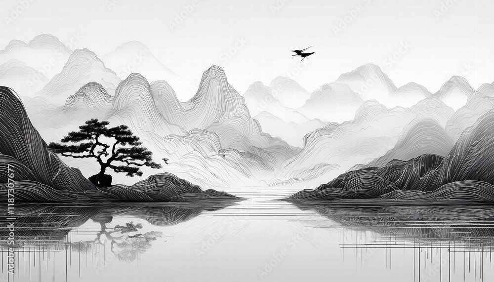 Poster striking abstract ink line landscape artwork a decorative conception of intricate lines and deep col
