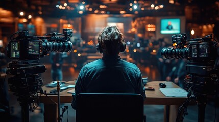 Obraz premium Professional Broadcaster Preparing for Live News Segment in Studio at Night. Generative AI
