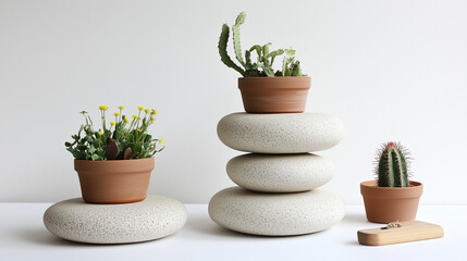 Fototapeta premium Cactus Display with Terracotta Pots and Chopped Cactus on a Rock Counter