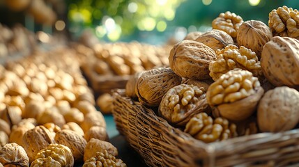 Fresh walnuts in wicker baskets at market.