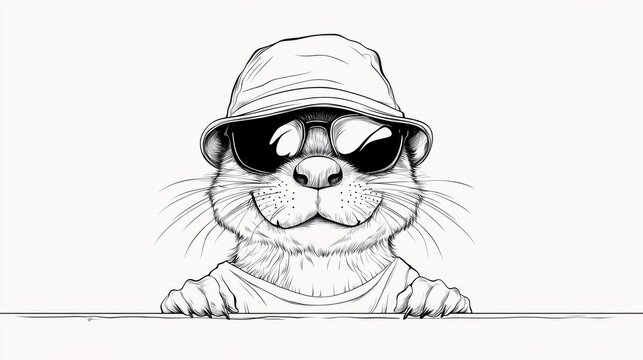 Cartoon Otter Wearing Sunglasses and Bucket Hat in Black and White