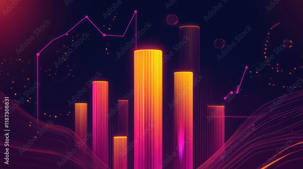 Poster Abstract glowing bar graph and line chart on dark background, representing growth and success.