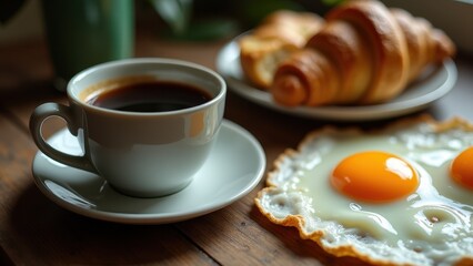 A cozy morning scene with a steaming cup of coffee, golden croissants on a plate, and sunny-side-up eggs on a rustic wooden table
