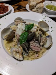 Fresh Italian fettuccini pasta with white wine garlic sauce and clams