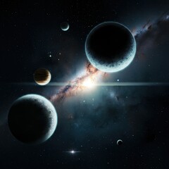 Obraz premium Space scene, cosmic landscape, planets in orbit, ringed gas giant, celestial bodies, swirling galaxies, bright stars, nebula, cosmic dust, asteroid belt, interstellar exploration, deep space, cosmic l