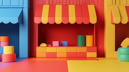 Vibrant marketplace display colorful playroom product showcase creative space eye-level view e-commerce strategy
