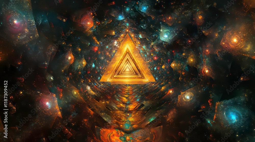 Poster glowing triangle tunnel through a cosmic landscape with stars and nebulae.