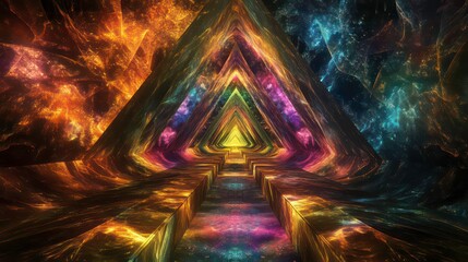 Luminous triangular pathway leading into a vibrant, cosmic-inspired tunnel with fiery and nebula textures.