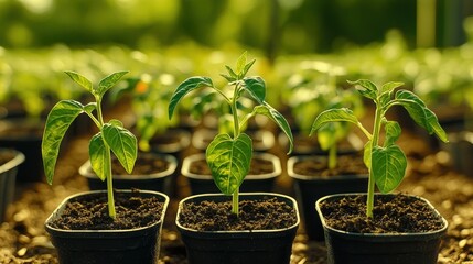 Green Seedlings Growing in Pots in a Lush Garden Environment