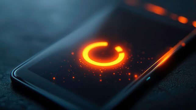Close-up of smartphone displaying an orange loading circle animation on a dark background.
