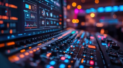Naklejka premium Control Center With Digital Displays and Colorful Buttons During an Event. Generative AI