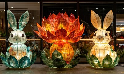 Glowing rabbit and lotus lanterns at night, festive decor.