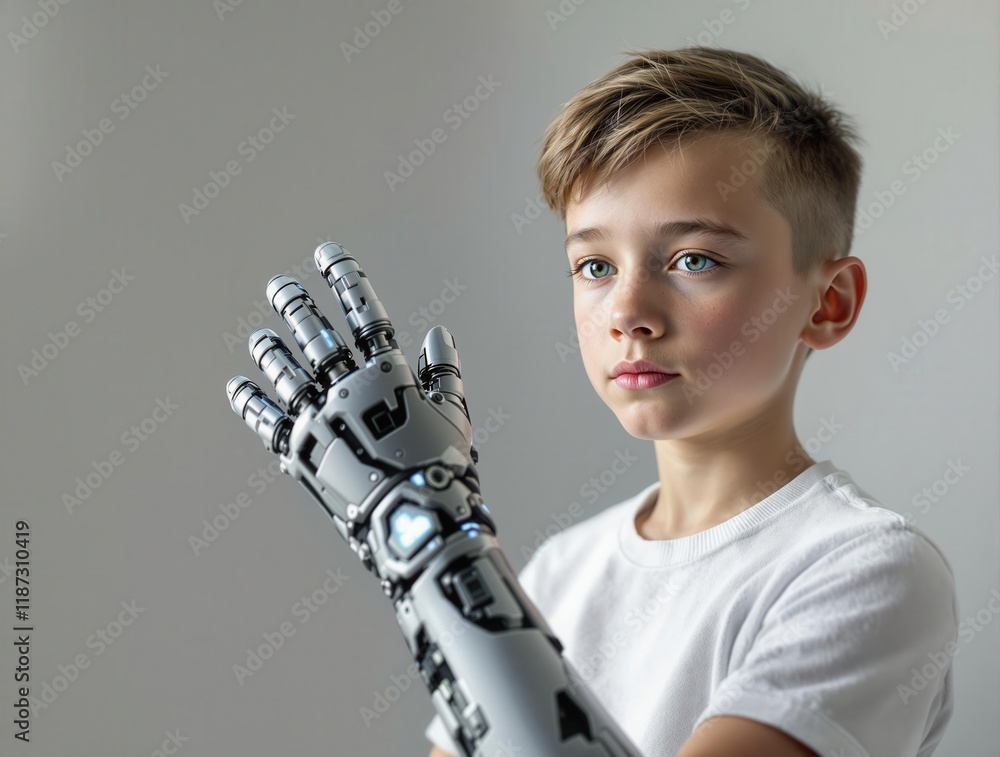 Poster young boy with futuristic robotic arm exploring advanced technology concepts