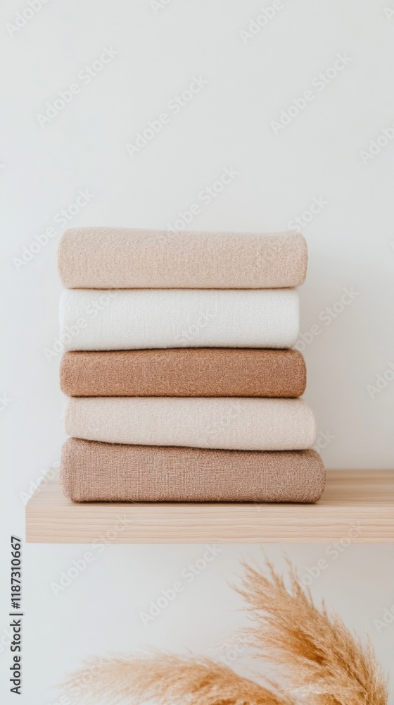 Poster minimalist minimalism neatly folded linens on wooden shelf in a bright, tranquil room, minimalism th