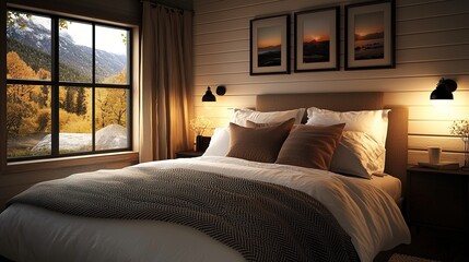 Cozy bedroom retreat with plush bedding mountain view interior design warm atmosphere relaxing concept