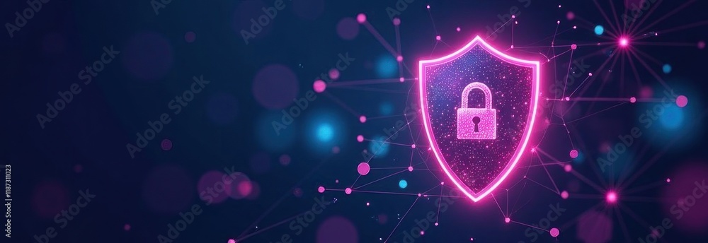 Aufkleber glowing shield protecting digital data with padlock and network connections