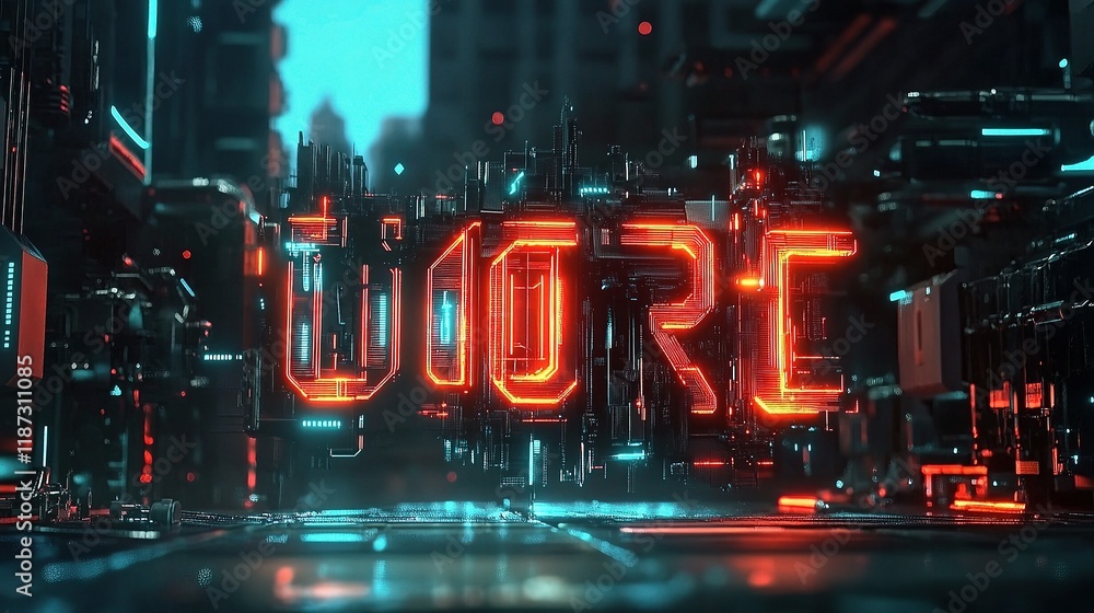 Poster animated digital text title with glowing effects in futuristic style
