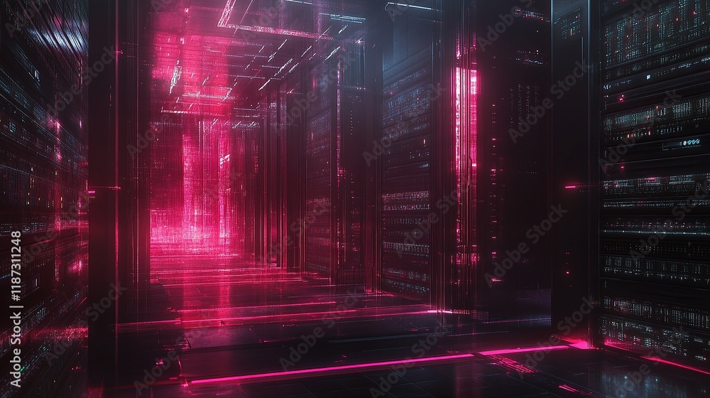 Poster high-tech server room with interconnected storage networks and glow