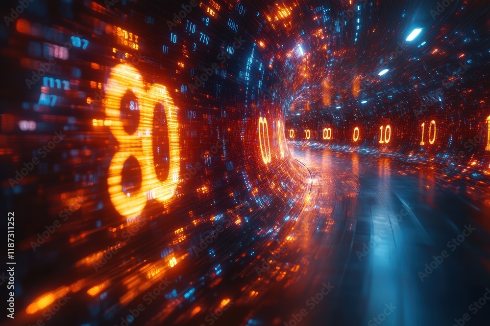Poster vibrant abstract background of numbers creating a digital tunnel effect with glowing lights