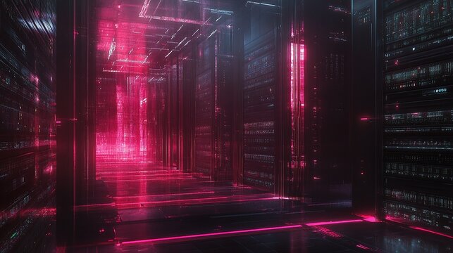 High-Tech Server Room with Interconnected Storage Networks and Glow