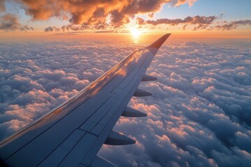 Obraz premium View from a porthole showing airplane wing above fluffy clouds at sunset